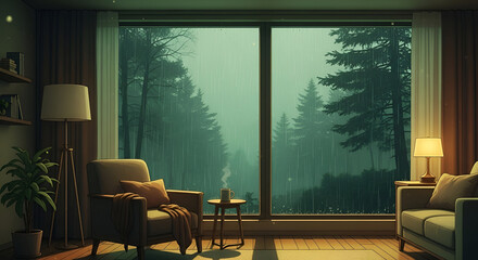 Fototapeta premium Serene interior with rainy forest view bringing calmness and indoor coziness
