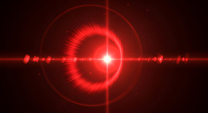 Red lens flare effect shining brightly against a dark background abstractly - Powered by Adobe