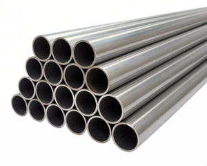 A collection of metallic pipes arranged in a stack. The pipes are cylindrical, shiny, and have a hollow center. The background is transparent, isolating the pipes.