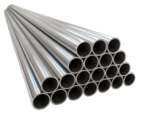 Fototapeta premium A stack of metallic pipes arranged in a pyramid shape. The pipes are cylindrical, shiny, and have a smooth surface. The background is transparent, isolated, and in PNG format.