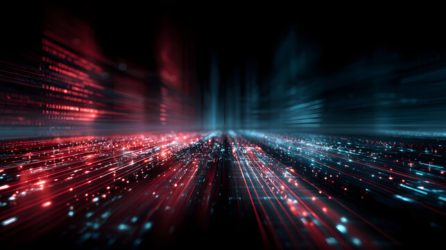 Digital data streaming in abstract red and blue cityscape