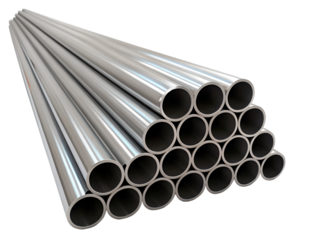 A stack of metallic pipes arranged in a pyramid shape. The pipes are cylindrical, shiny, and have a smooth surface. The background is transparent, isolated, and in PNG format.