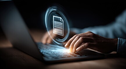 Corporate governance reviewing compliance documents on a laptop for digital cybersecurity management in a business environment