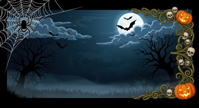 Spooky Halloween Night with Full Moon, Bats, and Pumpkins, Spider, Cobweb, Jack-o-lantern - Powered by Adobe