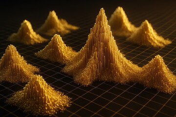 Golden Peaks of Data: Abstract visualization of data points forming golden peaks on a grid, representing information flow and analytical insights. 