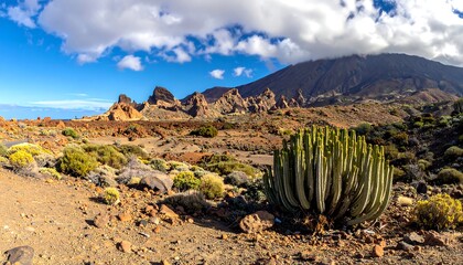 Sunny, arid landscape featuring unique rock formations and a large cactus with a volcano shrouded in clouds behind