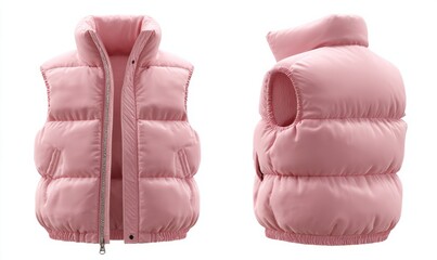 Pink puffer vest with a front zipper, shown from the front and back.