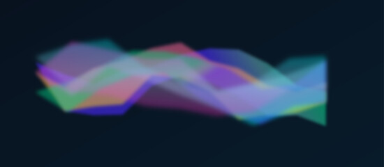 Fototapeta premium A digital wave of blurred, translucent geometric shapes in vibrant hues of green, purple, and blue overlap and glow against a dark, minimalist background