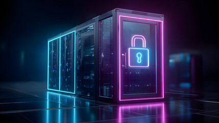 Obraz premium Database server protecting digital data with neon padlock