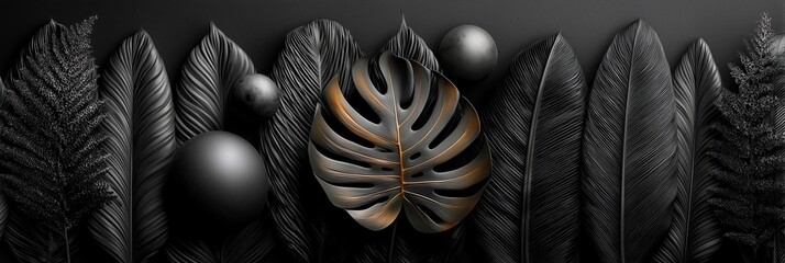 Glossy, dark leaves and golden spheres create a dramatic, shadowy composition. The image evokes lushness, elegance, and tropical sophistication.