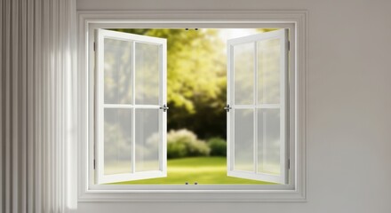 Obraz premium Open Window to Sunny Garden, Sunlight, Nature, Fresh air