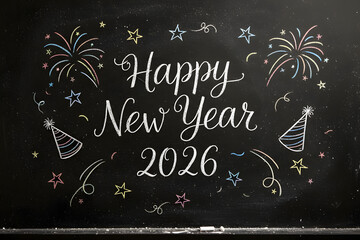 chalkboard 2026 happy new year greeting with hand-drawn fireworks and confetti