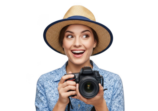 Young woman wearing a straw hat and patterned shirt holding a professional camera looking to the side with a surprised expression isolated on transparent background