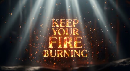 Inspirational quote displayed with fiery text and glowing sparks in a dark, dramatic setting to motivate perseverance and passion