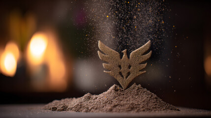 immortality. Phoenix pattern made of colored sand rising from warm ashes. event programs, museum guides, designed for cultural heritage projects and event programs, elevates cultural identity.