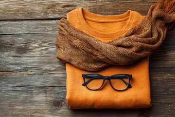 A cozy orange sweater and brown scarf are neatly placed on a wooden surface, with stylish black glasses resting on top. Autumn concept
