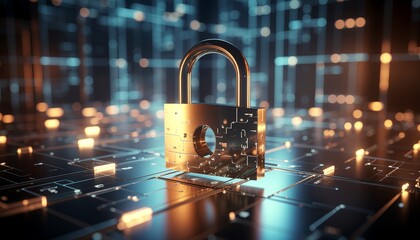 Gold Digital Padlock with Circuitry on Futuristic Technology Background