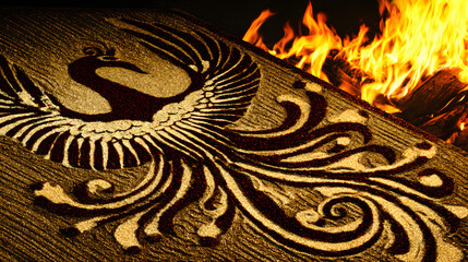 immortality. Phoenix pattern made of colored sand rising from warm ashes. event programs, museum guides, designed for cultural heritage projects and event programs, elevates cultural identity.