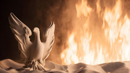 immortality. Phoenix pattern made of colored sand rising from warm ashes. event programs, museum guides, designed for cultural heritage projects and event programs, elevates cultural identity.