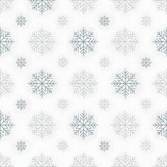 A seamless pattern of light blue and gray snowflakes on a white background, creating a festive and winter-themed design suitable for holiday decorations and seasonal projects
