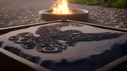 immortality. Phoenix pattern made of colored sand rising from warm ashes. event programs, museum guides, designed for cultural heritage projects and event programs, elevates cultural identity.