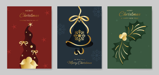 Christmas Luxury gold  invitation card design vector. Christmas pine leaves, snowflake with gold foil and spot texture on navy blue background. Design illustration for cover, print, poster, ads.