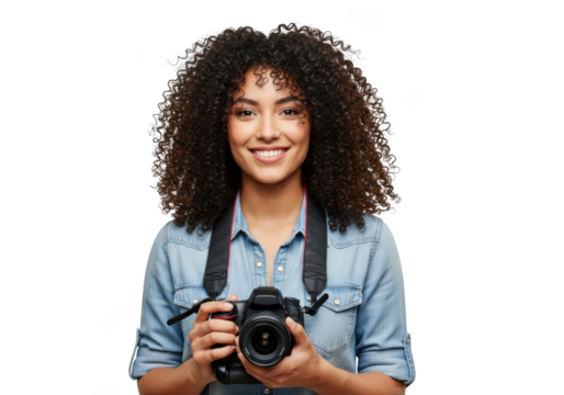 Young woman with curly hair holding a professional camera and smiling happily isolated on transparent background