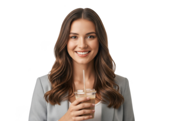 Smiling young woman with long wavy brown hair wearing a gray blazer holding a clear plastic cup with a straw isolated on transparent background
