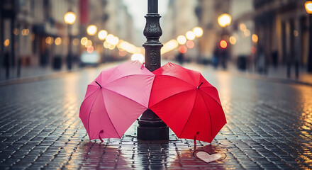 Two Pink and Red Umbrellas Leaning on Lamppost on Wet City Street
