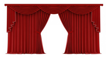 Elegant red velvet theater curtains with ornate swags isolated on transparent background