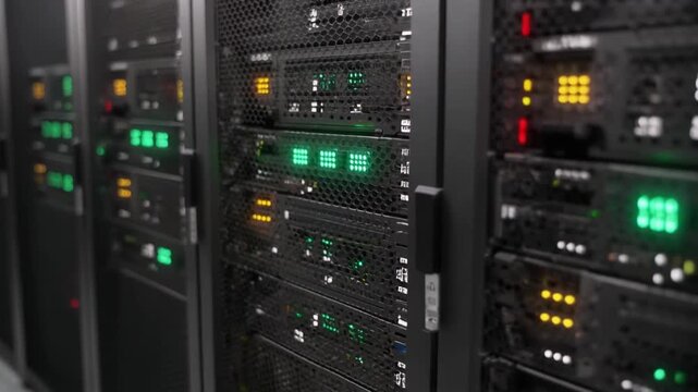 Close-up Blinking Server Racks in a Data Center