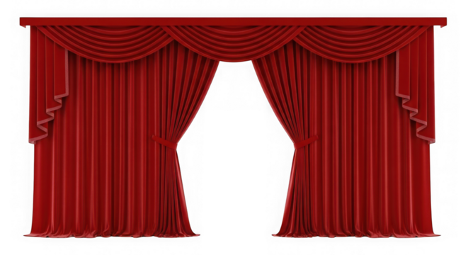 Elegant red velvet theater curtains with ornate swags isolated on transparent background