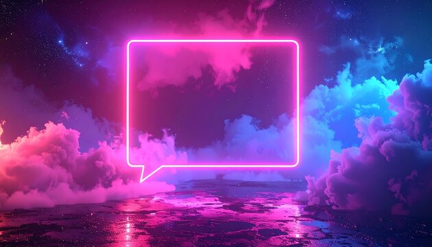 Rectangular neon speech bubble outline in vaporwave colors reflects onto a glistening surface with clouds and stars behind