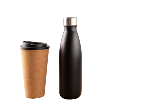 Modern reusable water bottle and disposable coffee cup with textured surface against a stark Transparent PNG background, studio shot.