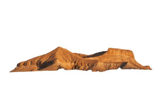 Majestic sandstone mesas and buttes illuminated by golden hour sunlight against a stark Transparent PNG background.
