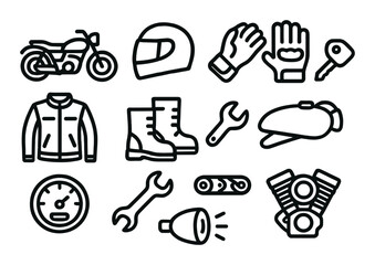 Motorcycle gear and tools icons featuring helmet, gloves, jacket, and more