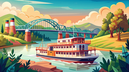 Very beautiful view of a pusher boat traveling along the Mississippi River near the Vicksburg Bridge in Vicksburg, Mississippi, USA, featuring calm river water, strong bridge structure, and a realisti