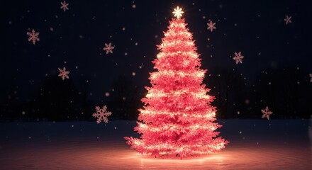 Glowing red christmas tree with falling snow at night