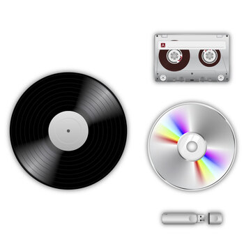 Collection of vintage and modern music storage formats, including vinyl records, cassette tapes, CDs, and USB drives on a Transparent PNG background.