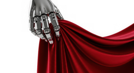 Robotic hand holding red fabric isolated on transparent background