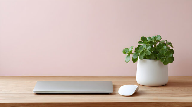 Minimalist home office workspace with laptop and plant - Powered by Adobe