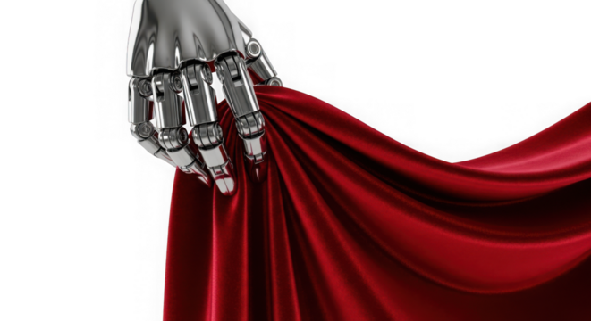 Robotic hand holding red fabric isolated on transparent background