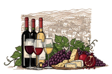 Wine, cheese, and grapes with vineyard scene