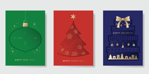 Christmas Luxury gold  invitation card design vector. Christmas pine leaves, snowflake with gold foil and spot texture on navy blue background. Design illustration for cover, print, poster, ads.