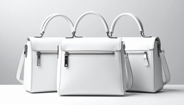 elegant white handbags side by side—featuring structured silhouettes, metallic hardware, and distinct closures
