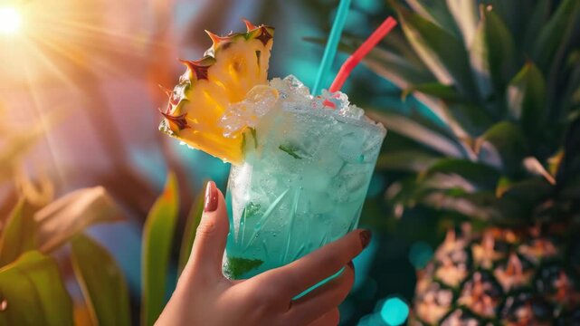 A person holding a refreshing blue drink with a slice of pineapple and ice cubes. The drink is held outdoors with the sun shining brightly in the background.