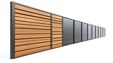 Modern composite fence with wood and steel mix isolated on white background, stylish architectural design concept