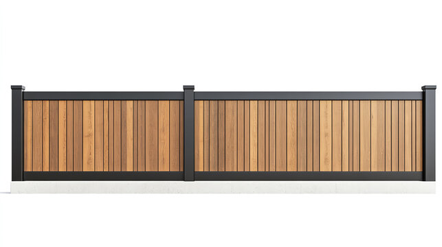 Modern composite fence with wood and steel mix isolated on white background, stylish architectural design concept