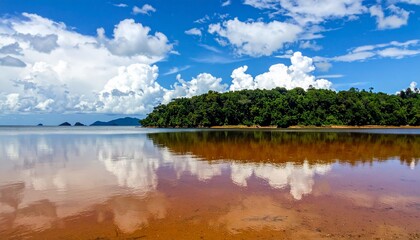Stunning coastal panorama showcasing a vibrant sky, lush greenery, and mirrored water surface