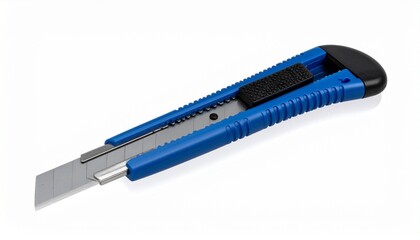 Blue utility knife with retractable segmented blade and textured grip